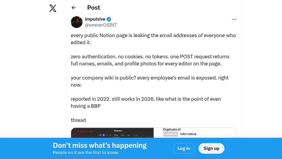 Screenshot of twitter.com: Notion leaks email addresses of all editors of any public page