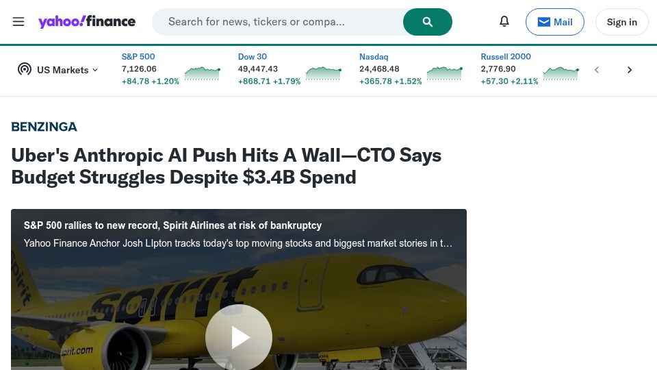 Screenshot of finance.yahoo.com: Uber’s Anthropic AI push hits a wall