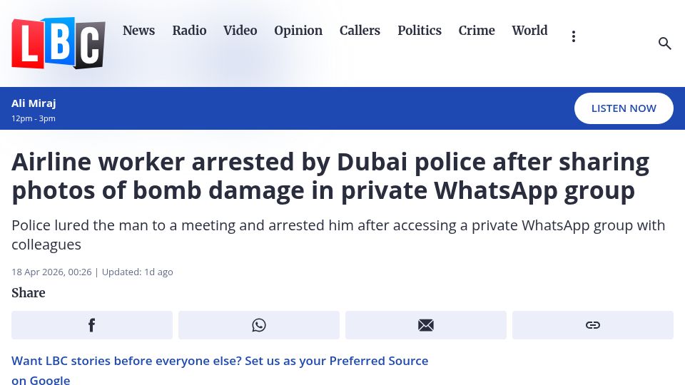 Screenshot of lbc.co.uk: Airline worker arrested after sharing photos of bomb damage in WhatsApp group