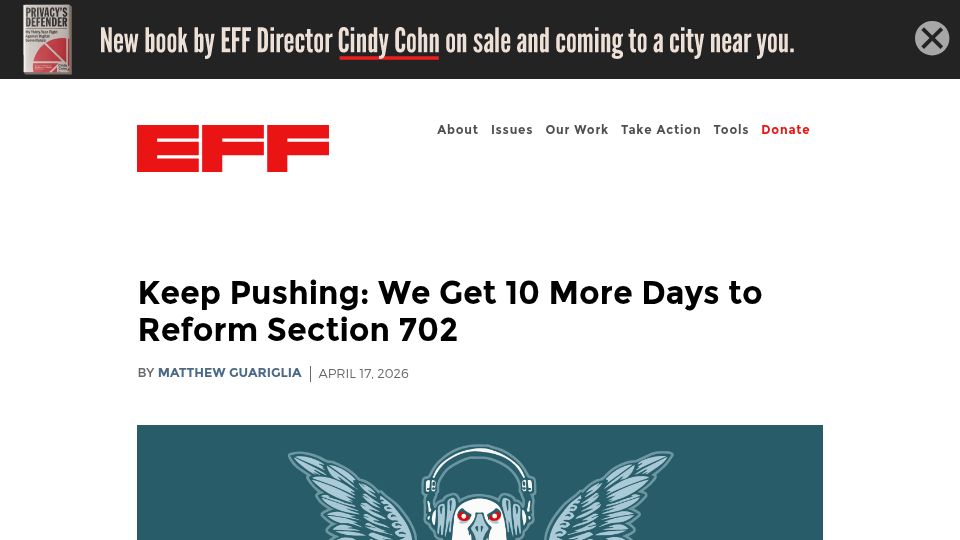 Screenshot of eff.org: Keep Pushing: We Get 10 More Days to Reform Section 702