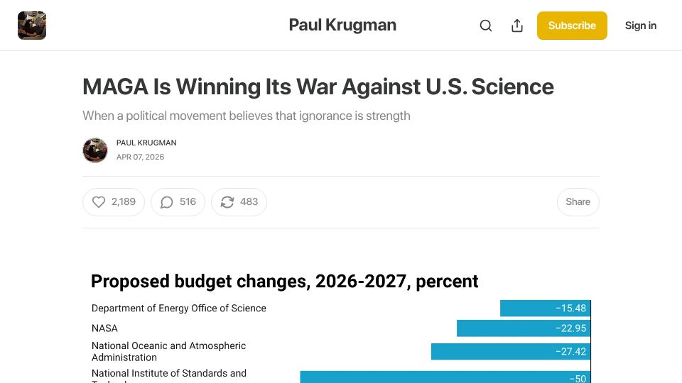 Screenshot of paulkrugman.substack.com: MAGA Is Winning Its War Against U.S. Science