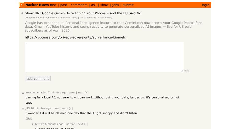 Screenshot of Hacker News post: Show HN: Google Gemini Is Scanning Your Photos – and the EU Said No