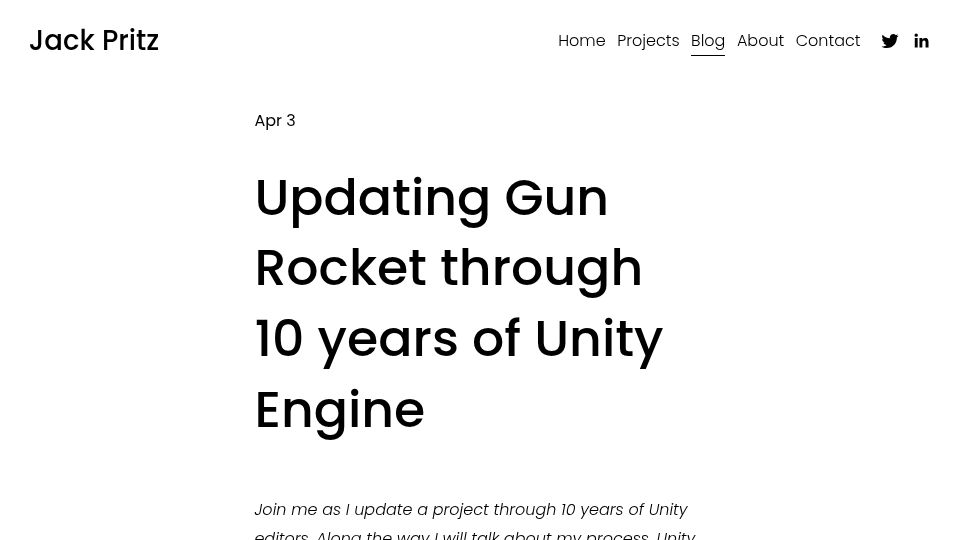 Screenshot of jackpritz.com: Updating Gun Rocket through 10 years of Unity Engine