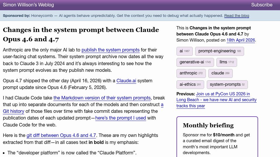 Screenshot of simonwillison.net: Changes in the system prompt between Claude Opus 4.6 and 4.7