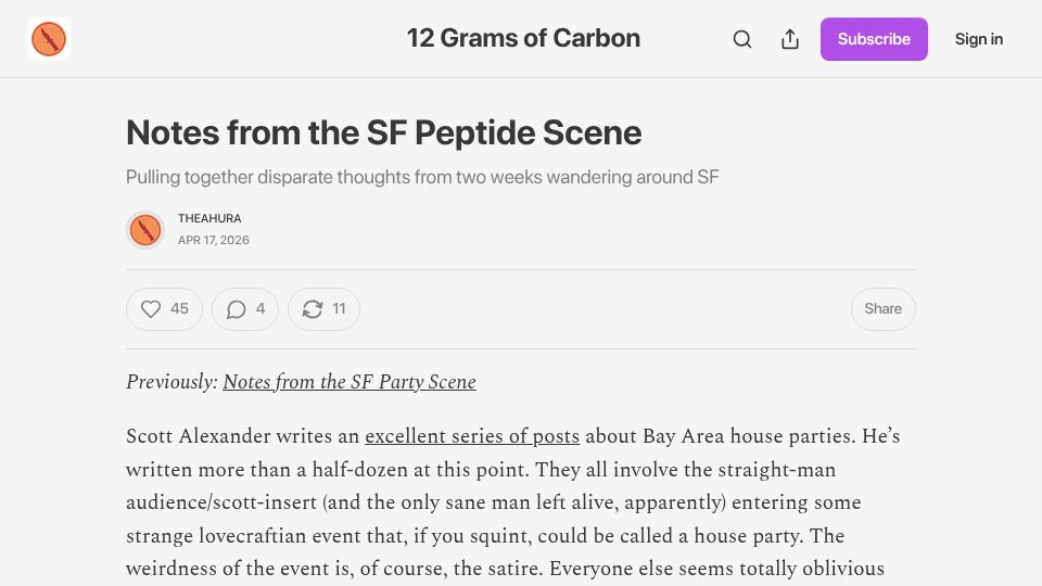 Screenshot of 12gramsofcarbon.com: Notes from the SF peptide scene