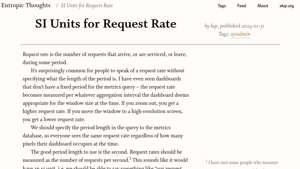 Screenshot of entropicthoughts.com: SI Units for Request Rate (2024)