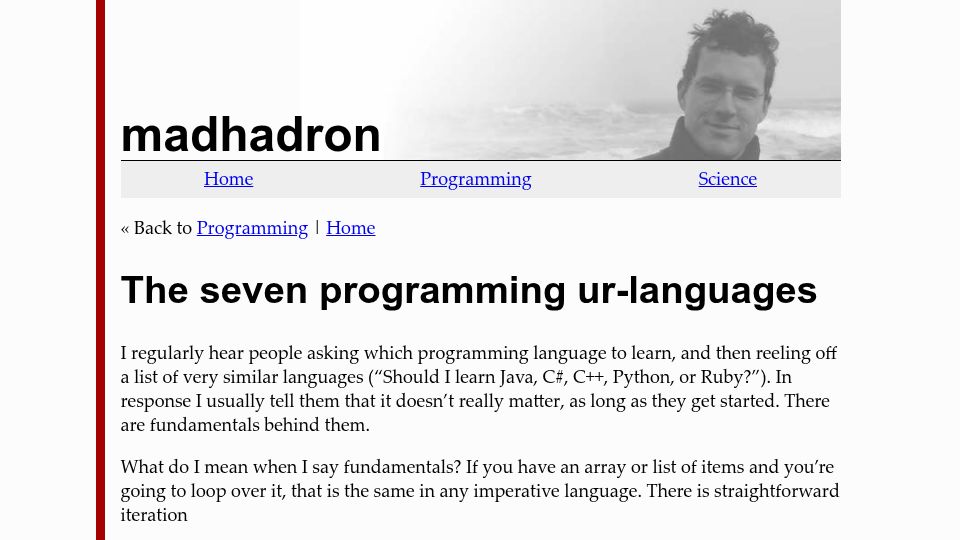 Screenshot of madhadron.com: The seven programming ur-languages (2022)