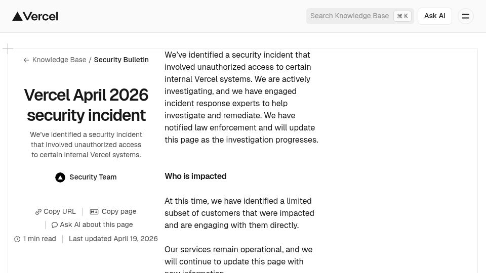 Screenshot of bleepingcomputer.com: Vercel April 2026 security incident