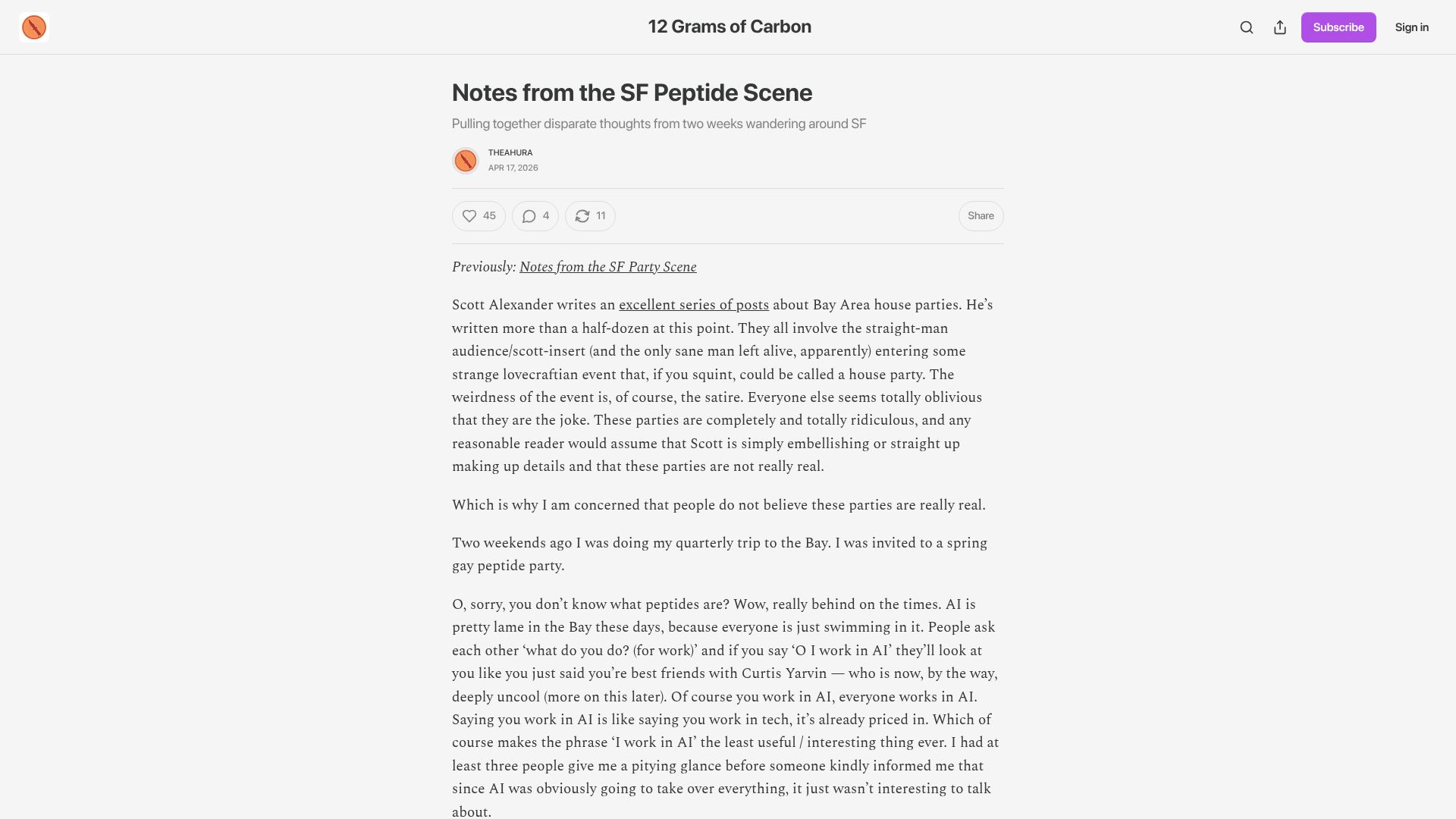 Screenshot of 12gramsofcarbon.com: Notes from the SF peptide scene