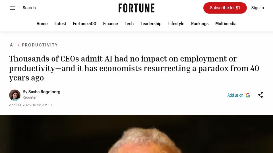 Screenshot of fortune.com: CEOs admit AI had no impact on employment or productivity