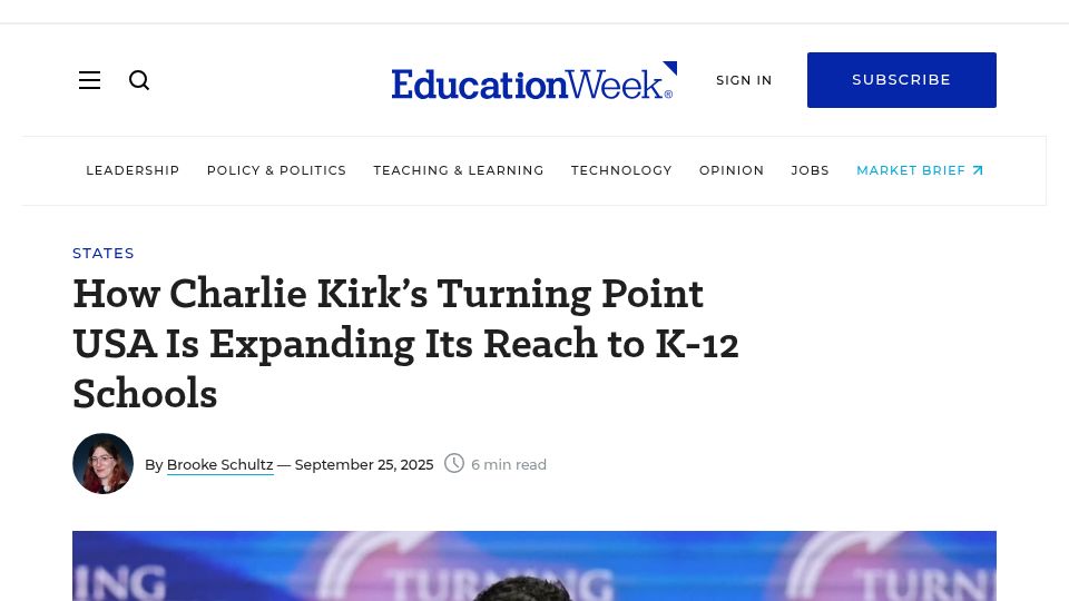 Screenshot of edweek.org: Turning Point USA Is Expanding Its Reach to K-12 Schools