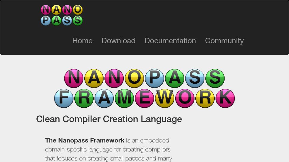 Screenshot of nanopass.org: Nanopass Framework: Clean Compiler Creation Language