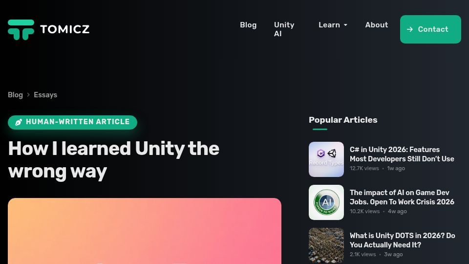 Screenshot of darkounity.com: I learned Unity the wrong way