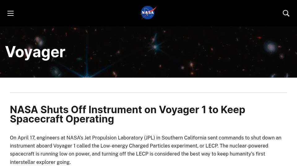 Screenshot of science.nasa.gov: NASA Shuts Off Instrument on Voyager 1 to Keep Spacecraft Operating