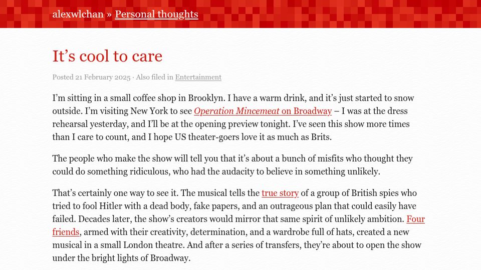 Screenshot of alexwlchan.net: It's cool to care (2025)