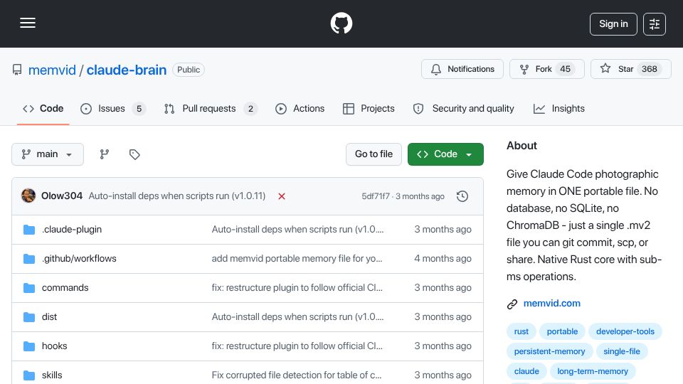 Screenshot of github.com: Claude Brain