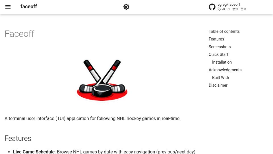 Screenshot of vincentgregoire.com: Show HN: Faceoff – A terminal UI for following NHL games