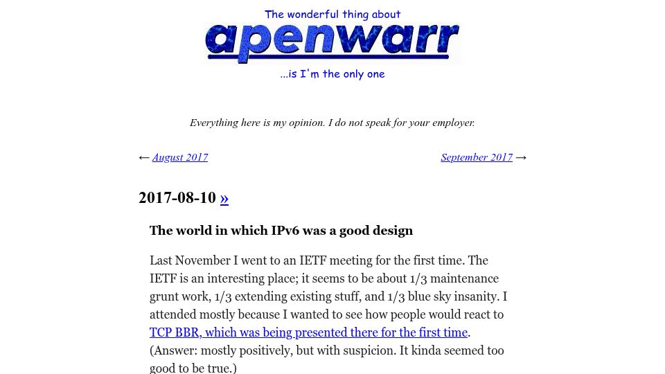 Screenshot of apenwarr.ca: The world in which IPv6 was a good design (2017)