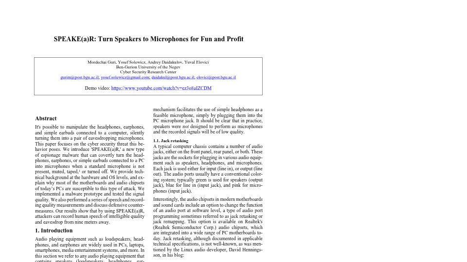Screenshot of usenix.org: SPEAKE(a)R: Turn Speakers to Microphones for Fun and Profit [pdf] (2017)