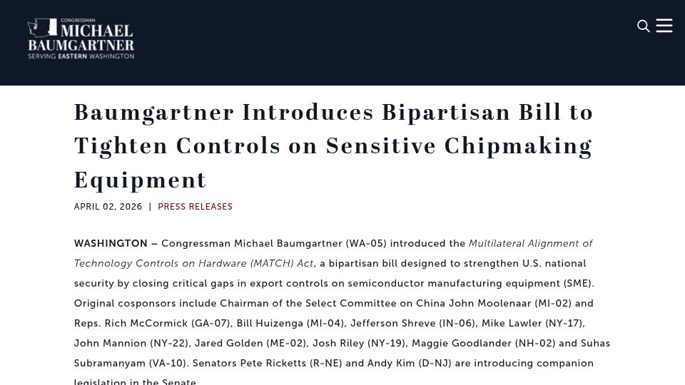 Screenshot of baumgartner.house.gov: Bipartisan Bill to Tighten Controls on Sensitive Chipmaking Equipment