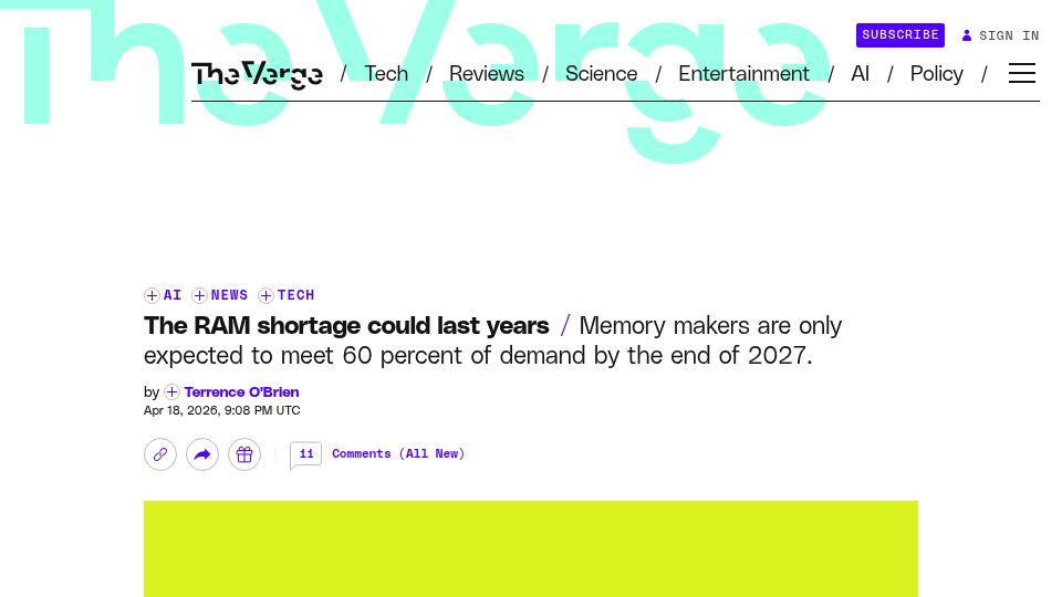 Screenshot of theverge.com: The RAM shortage could last years