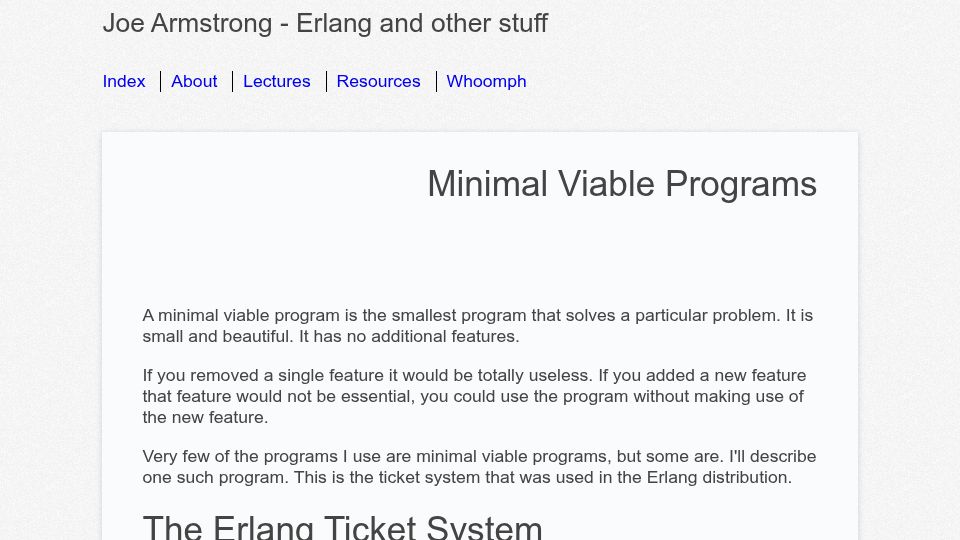 Screenshot of joearms.github.io: Minimal Viable Programs (2014)