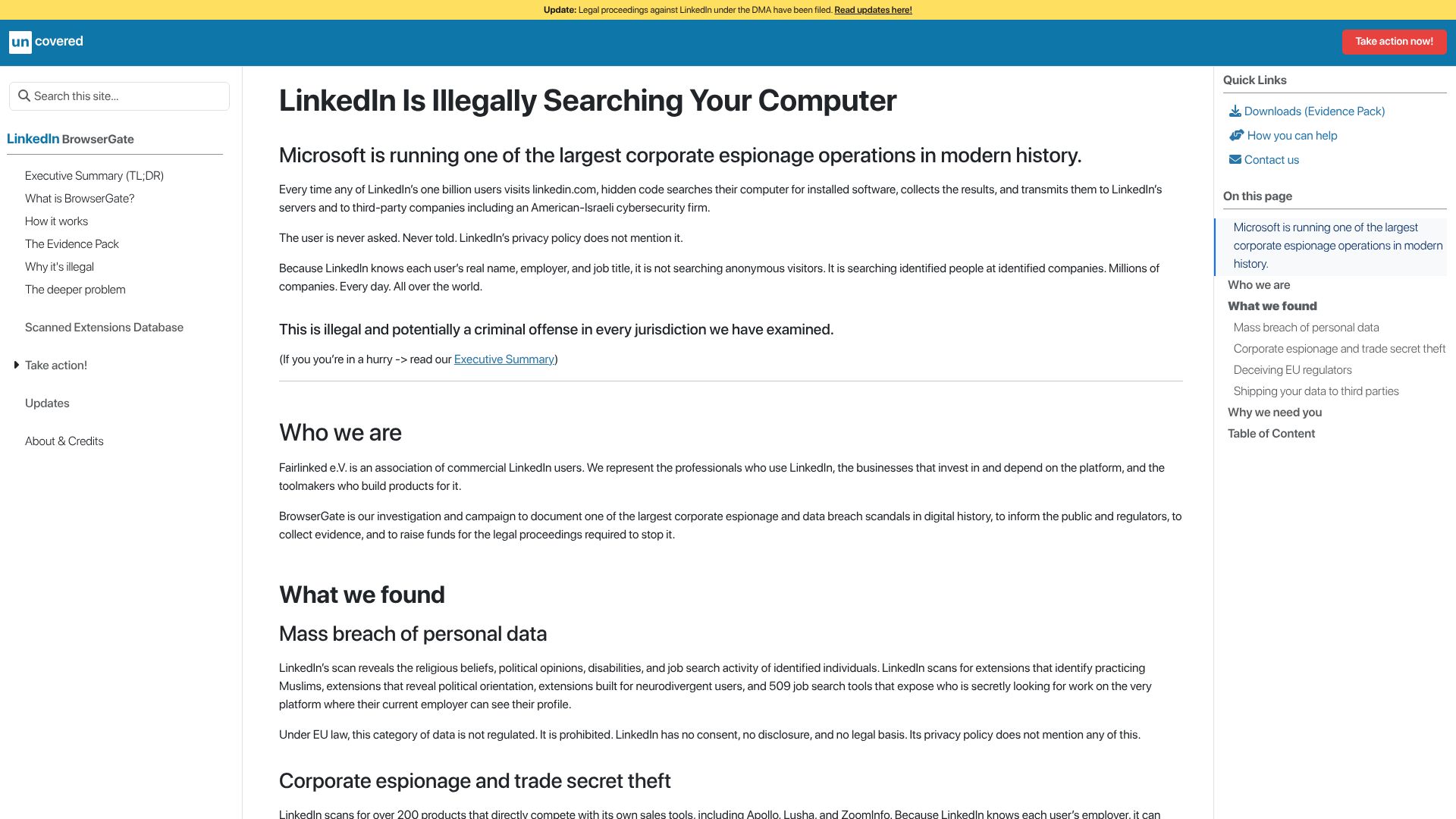 Screenshot of browsergate.eu: LinkedIn is searching your browser extensions