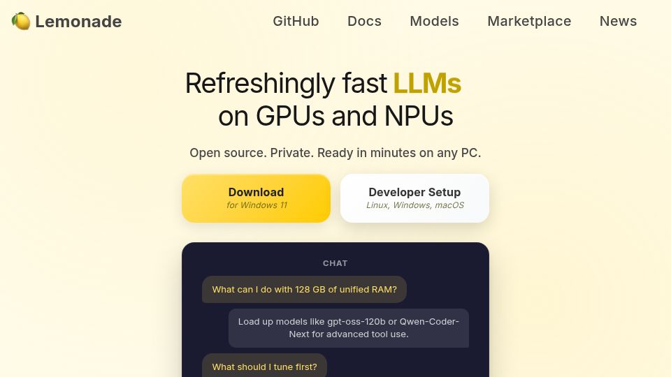 Screenshot of lemonade-server.ai: Lemonade by AMD: a fast and open source local LLM server using GPU and NPU