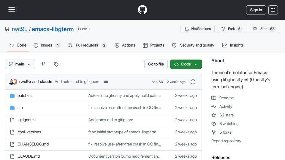 Screenshot of github.com: Emacs-libgterm: Terminal emulator for Emacs using libghostty-vt
