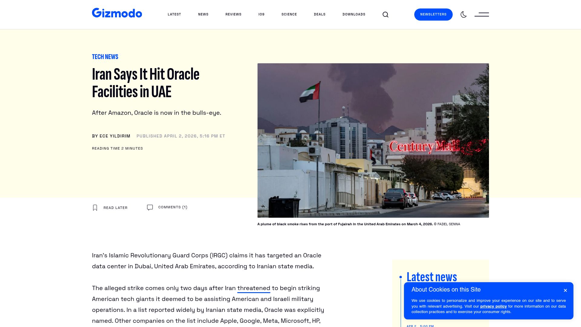 Screenshot of gizmodo.com: Iran Says It Hit Oracle Facilities in UAE