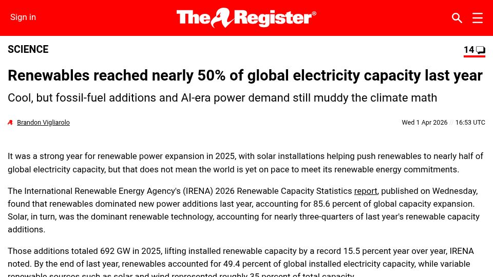 Screenshot of theregister.com: Renewables reached nearly 50% of global electricity capacity last year