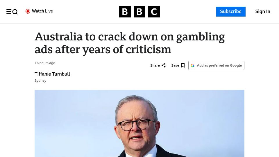 Screenshot of bbc.com: The Australian government has announced gambling advertising reforms