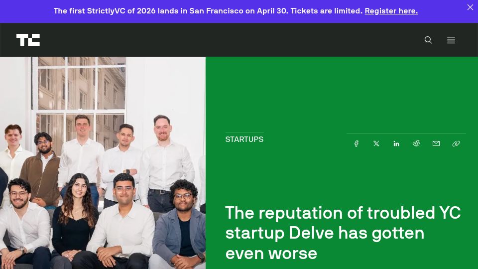 Screenshot of techcrunch.com: Delve allegedly forked an open-source tool and sold it as its own