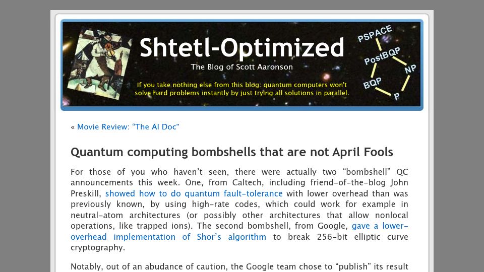 Screenshot of scottaaronson.blog: Quantum computing bombshells that are not April Fools