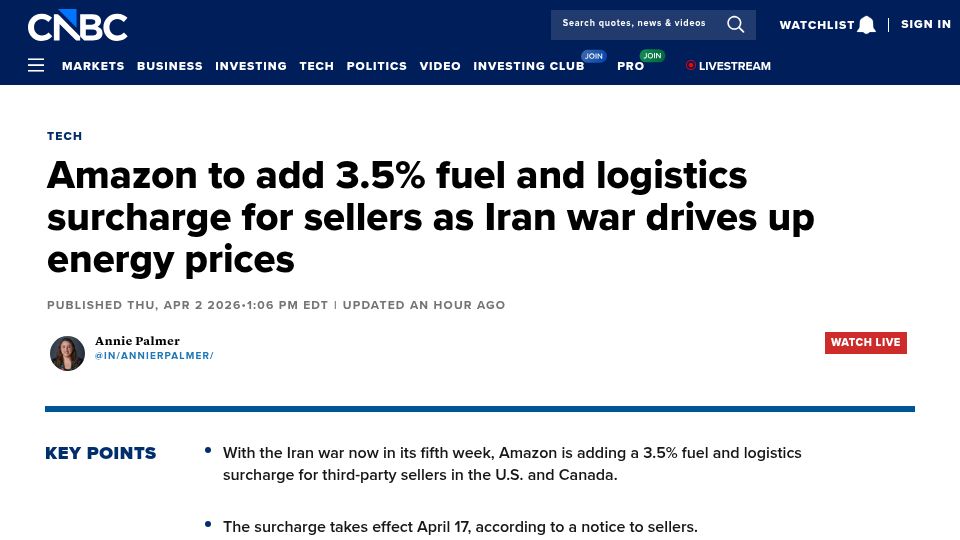 Screenshot of cnbc.com: Amazon is adding a fuel surcharge to fees it collects from third-party sellers