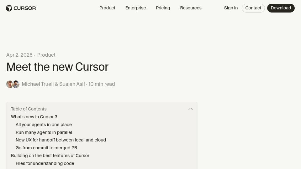Screenshot of cursor.com: Cursor 3