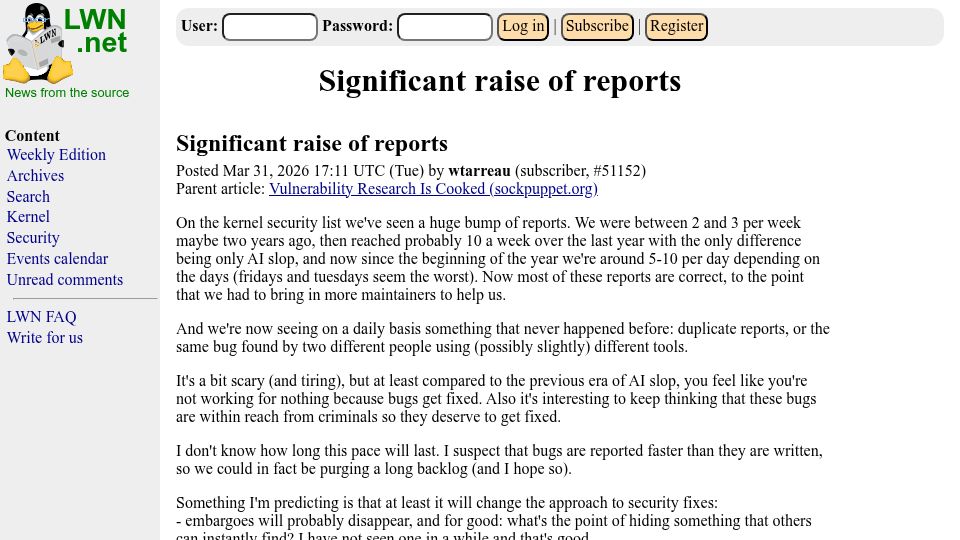 Screenshot of lwn.net: Significant raise of reports