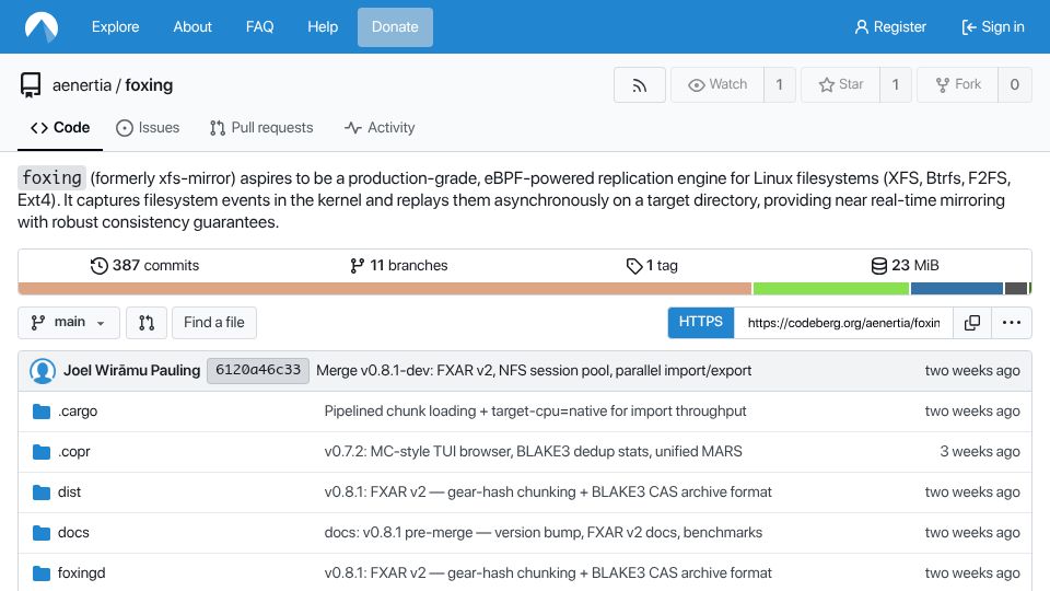 Screenshot of codeberg.org: Foxing aspires to be an eBPF-powered replication engine for Linux filesystems