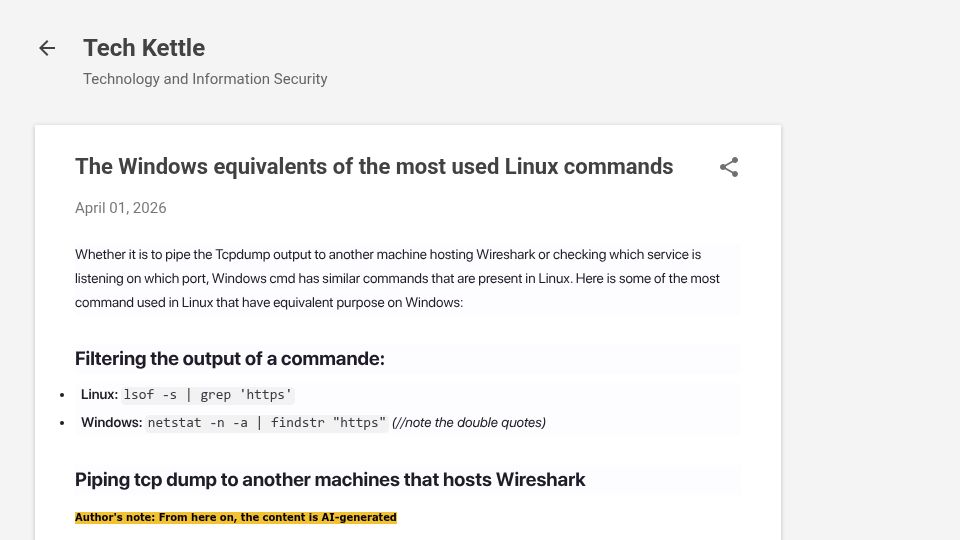 Screenshot of techkettle.blogspot.com: The Windows equivalents of the most used Linux commands