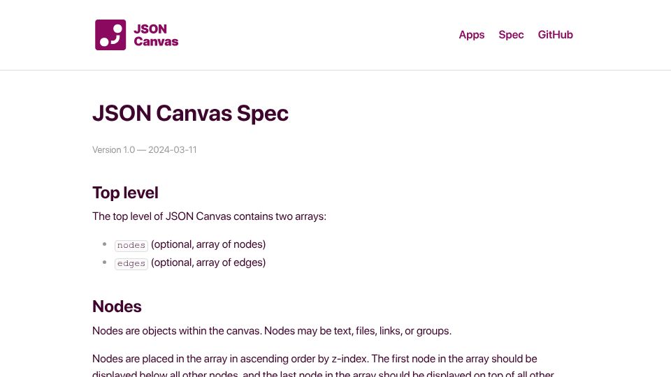 Screenshot of jsoncanvas.org: JSON Canvas Spec (2024)