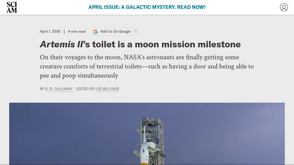 Screenshot of scientificamerican.com: Artemis II's toilet is a moon mission milestone