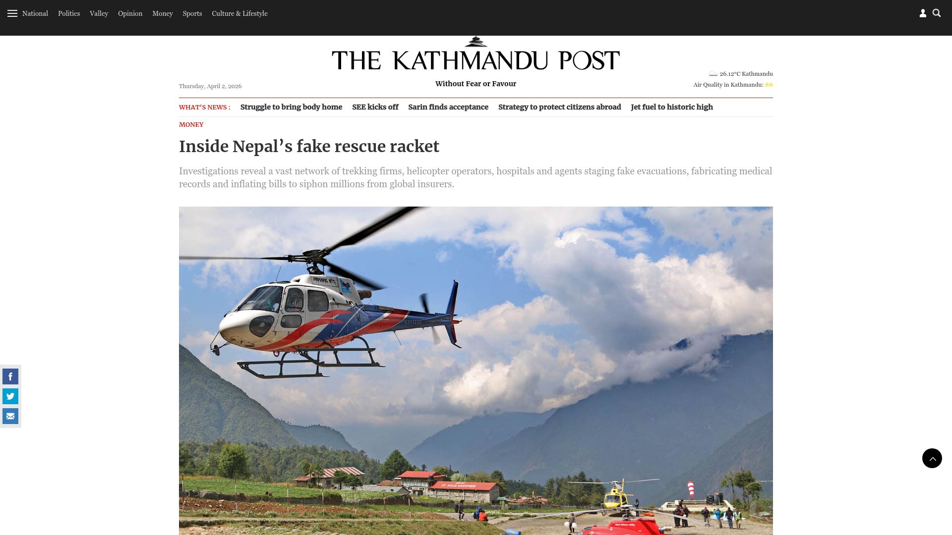 Screenshot of kathmandupost.com: Inside Nepal's Fake Rescue Racket