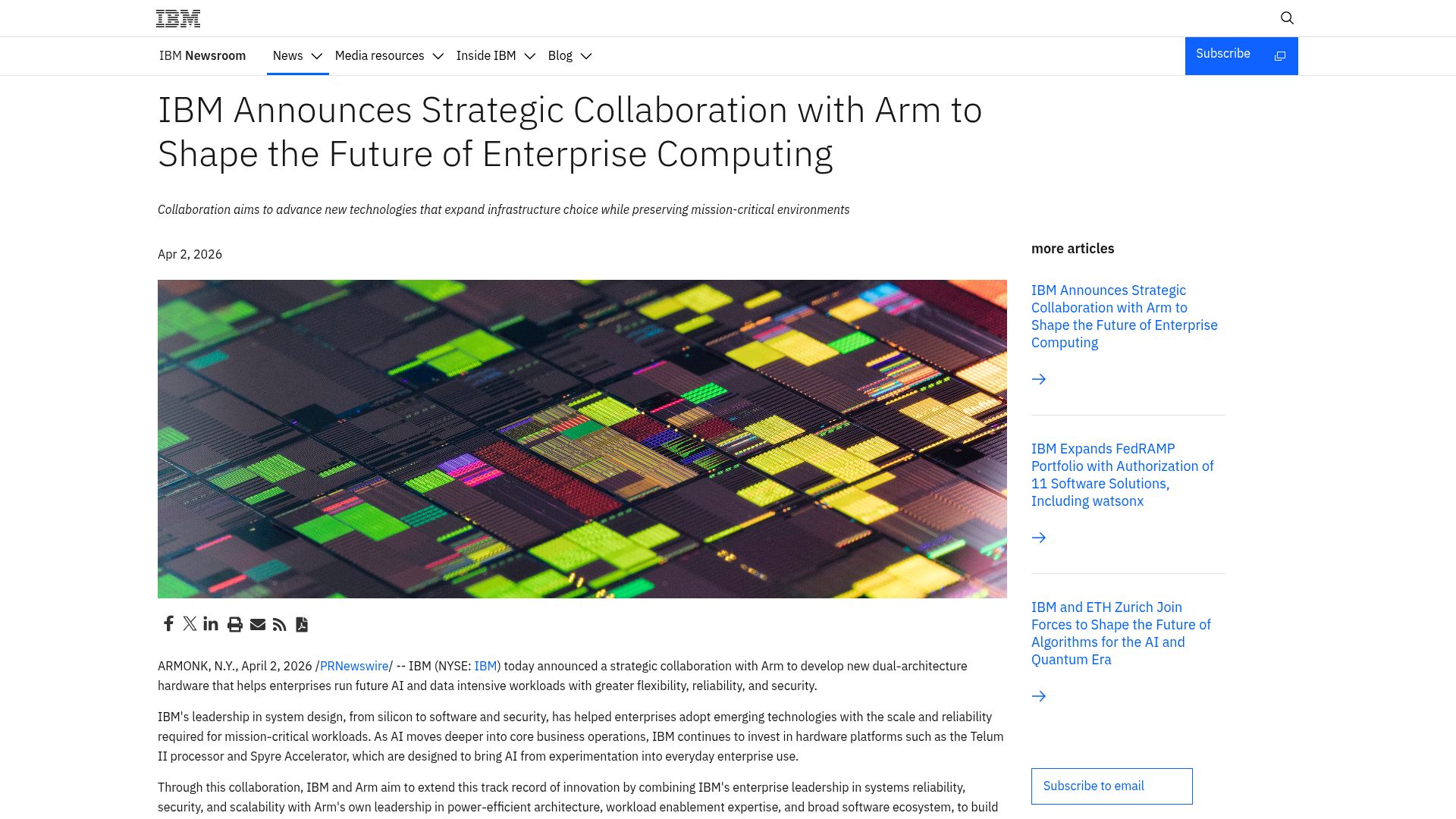 Screenshot of newsroom.ibm.com: IBM Announces Strategic Collaboration with Arm