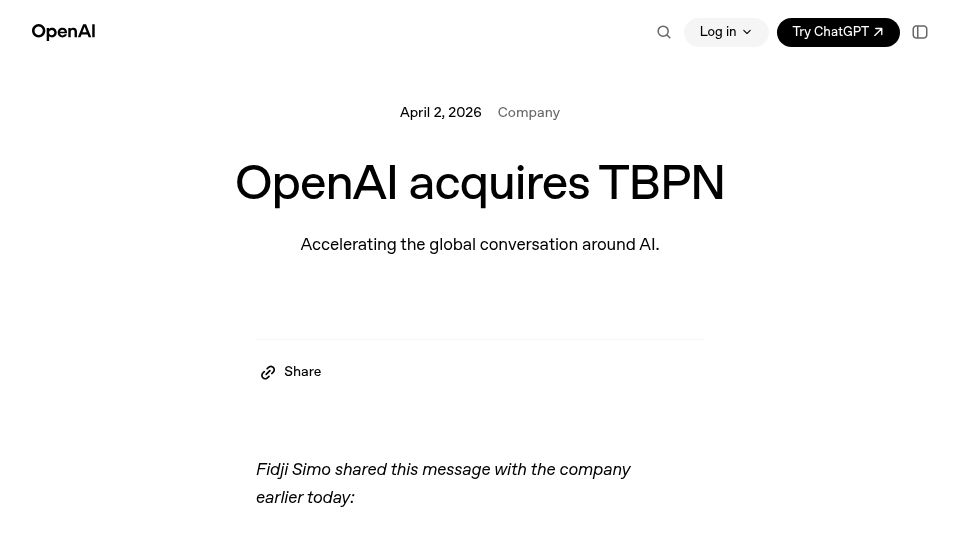 Screenshot of openai.com: OpenAI Acquires TBPN