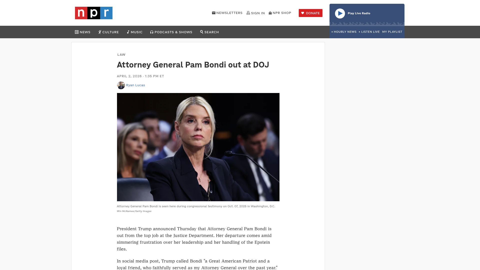 Screenshot of npr.org: Attorney General Pam Bondi Out at DOJ