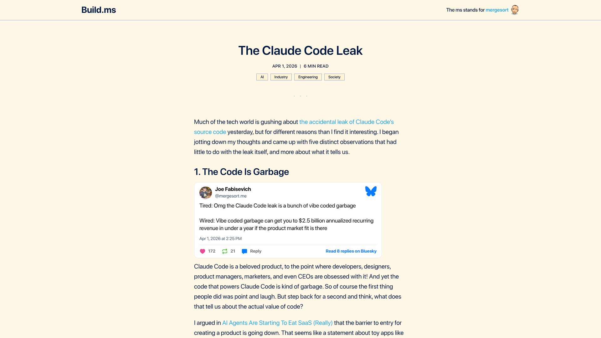 Screenshot of build.ms: The Claude Code Leak
