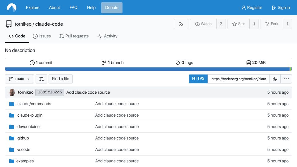 Screenshot of codeberg.org: DMCA-resistant Claude Code source code