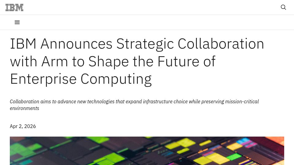 Screenshot of newsroom.ibm.com: IBM Announces Strategic Collaboration with Arm
