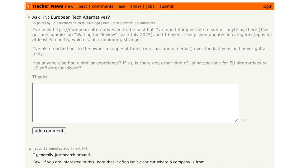 Screenshot of Hacker News post: Ask HN: European Tech Alternatives?