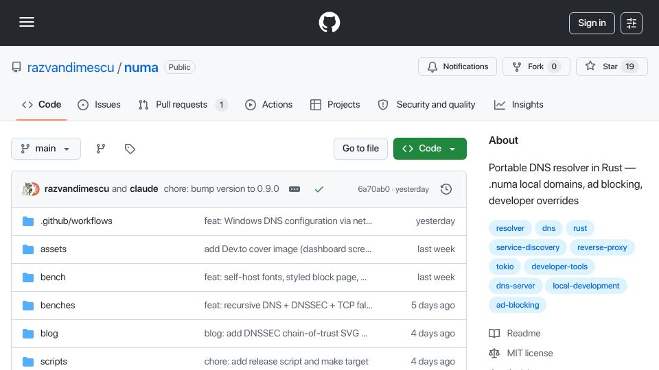 Screenshot of github.com: Show HN: I built a DNS resolver from scratch in Rust – no DNS libraries